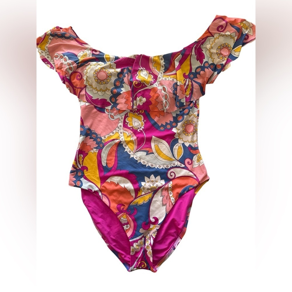 TRINA TURK SEVILLA OFF THE SHOULDERS 1PC SWIMSUIT RUFFLE BANDEAU NWOT